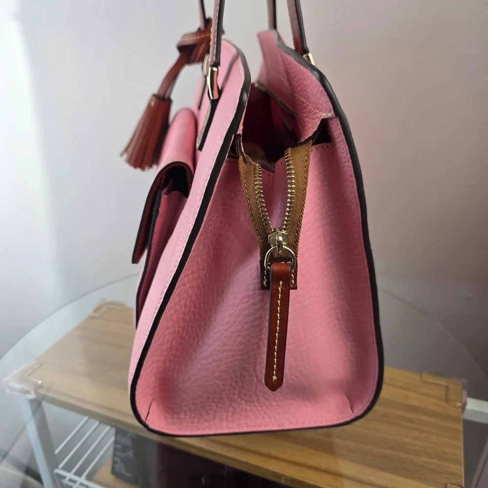 Dooney & Bourke Pink Pebbled Leather Shoulder Bag Brown Trim Tassel Logo Purse
